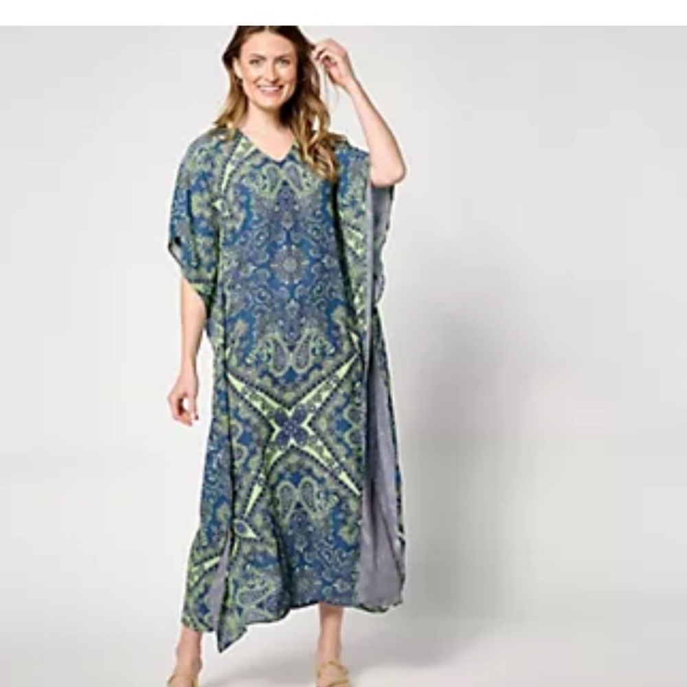 Elegant Blue and Green Paisley Poncho Dress